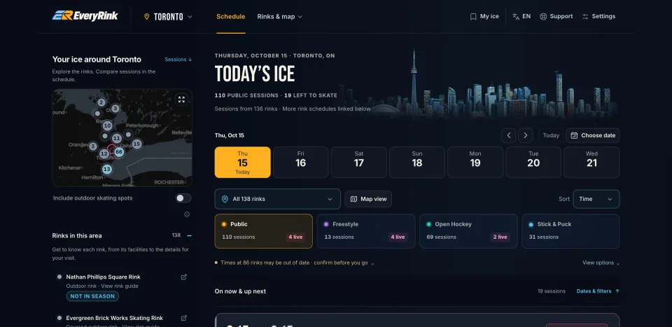 EveryRink screenshot: Toronto’s page: the next seven days of public skate, freestyle, open hockey and stick & puck across the city’s rinks.