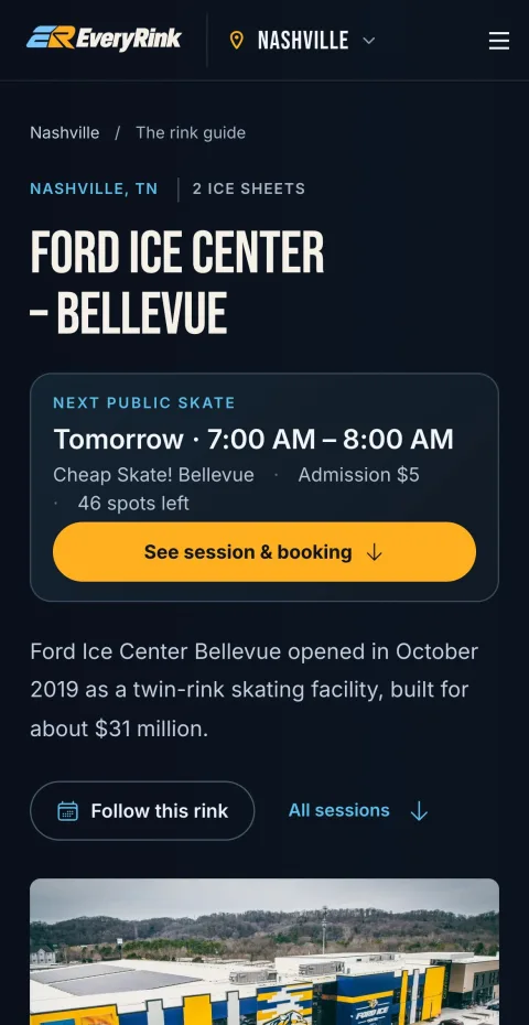 EveryRink screenshot: The next public skate, its price and spots left, and the way to book with the rink.