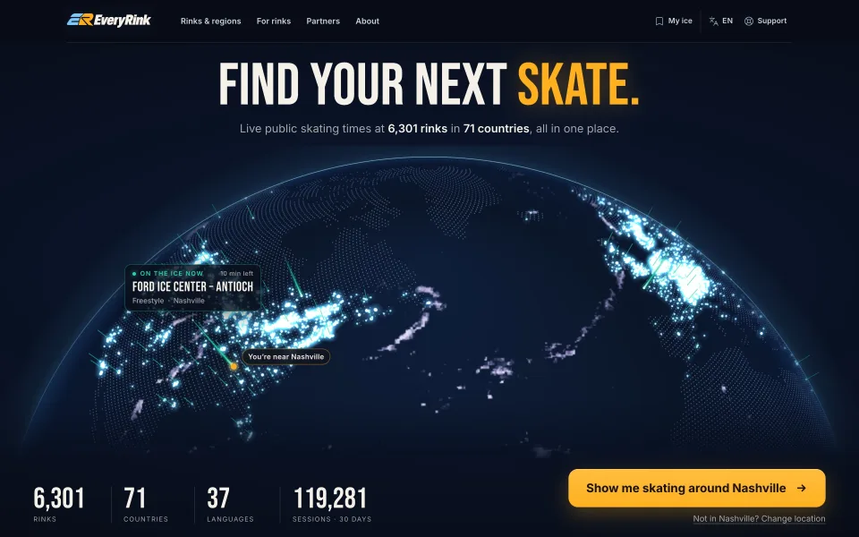 EveryRink screenshot: The home page: every listed rink lit up on the globe, with a session that is on the ice right now.